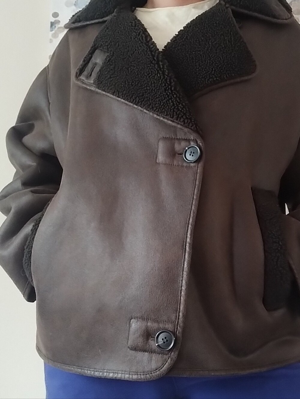 Zara Chocolate Brown Shearling Peacoat Medium - Picture 2 of 7